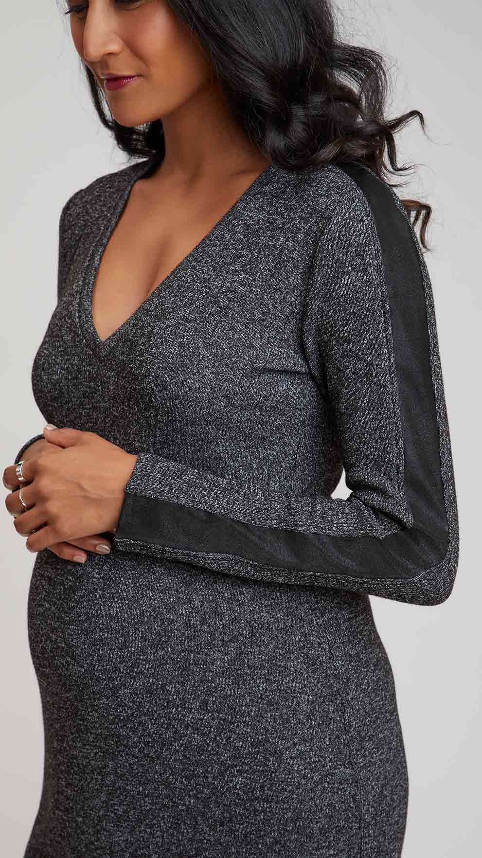 Stowaway Collection Charcoal Sweater Maternity Dress With Faux-Suede Detail Dark Gray