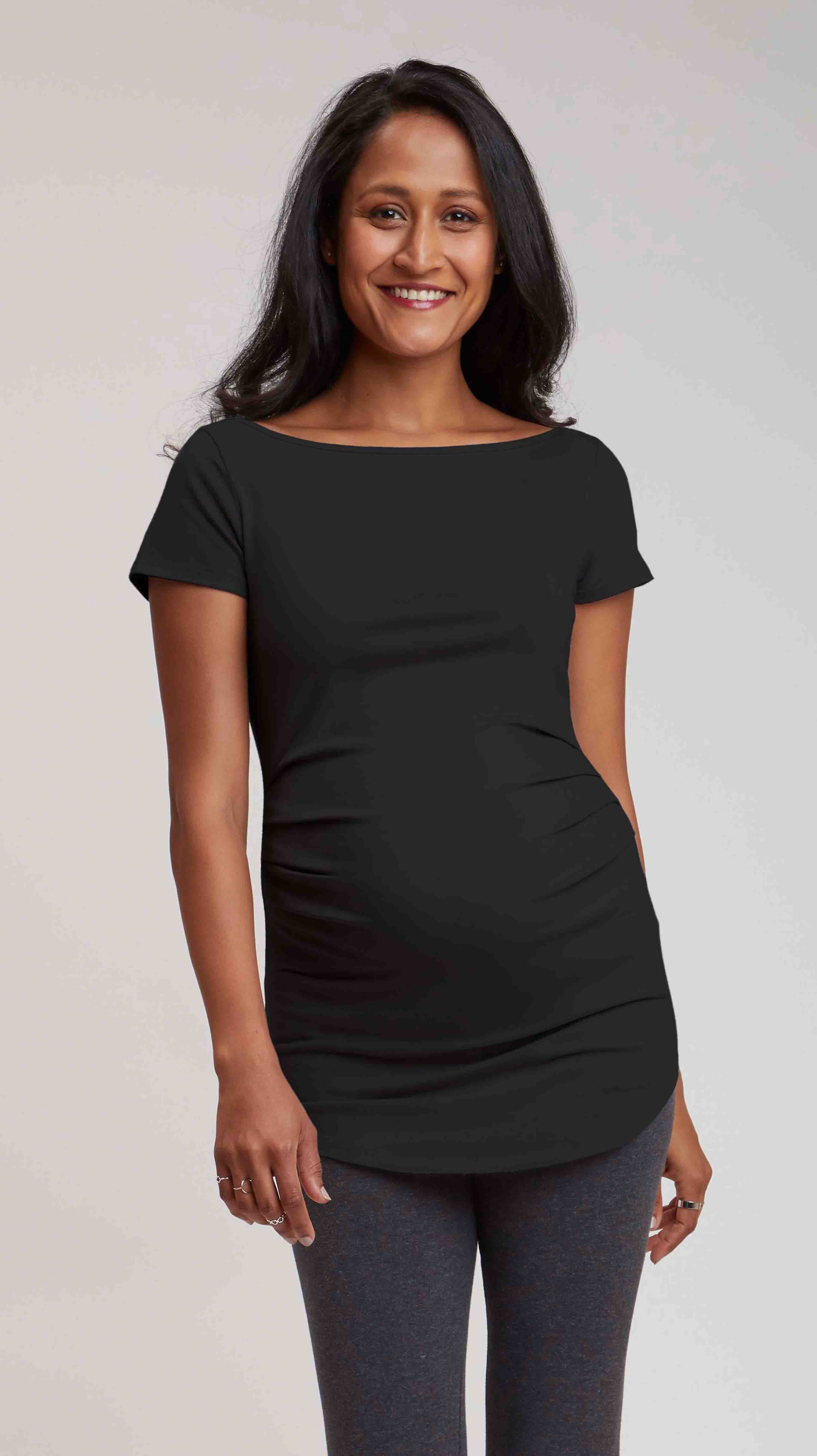 black maternity dress shirt Stowaway Collection Ballet Tunic this dress allows you Romantic Tuxedo Midi Dress | Color:Black Linen