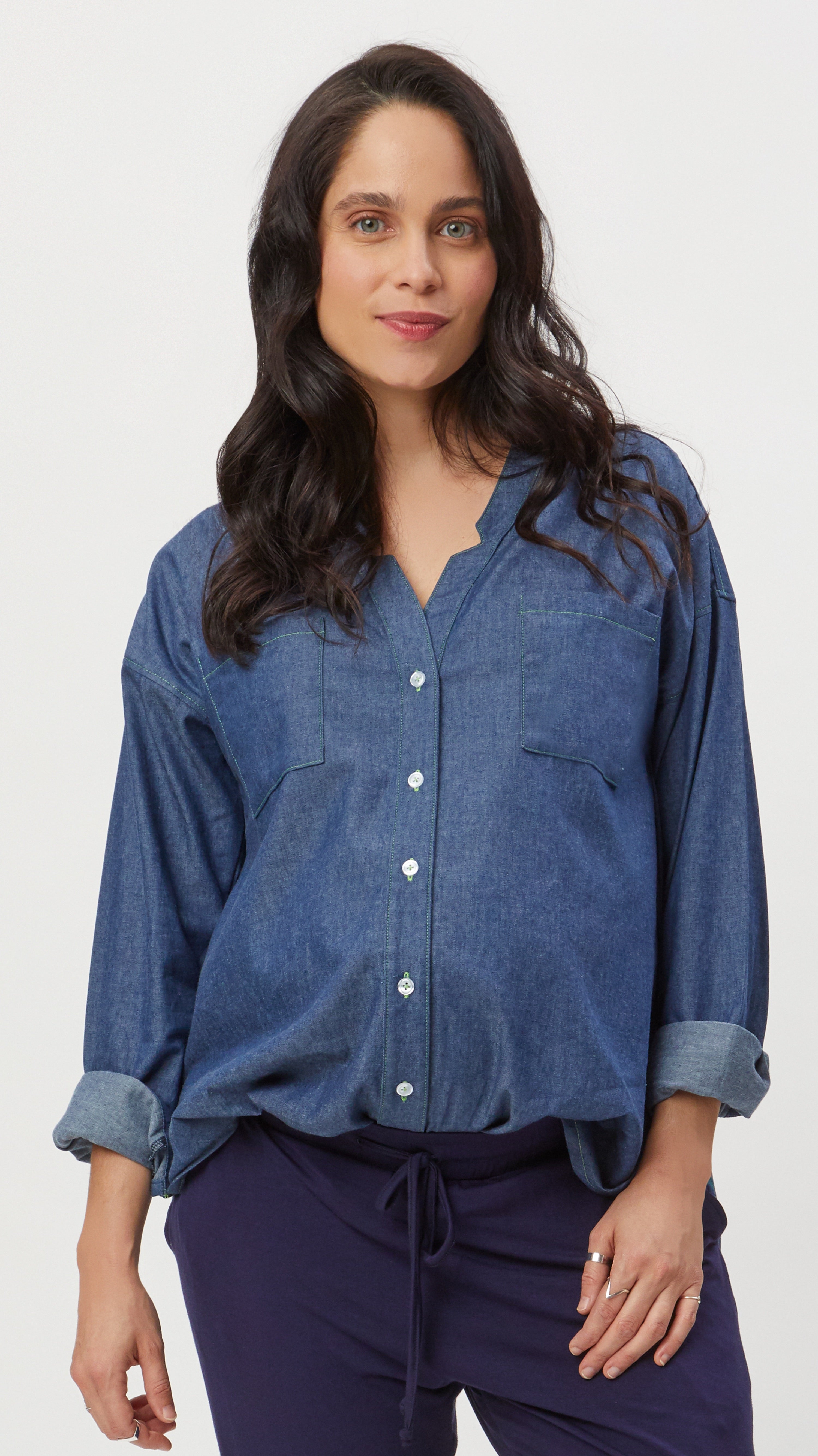 maternity dress shirts Stowaway Collection Womens Chambray Maternity Button-Down Top Blue S