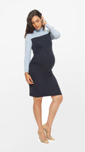 Stowaway Collection Colorblock Turtleneck Dress in Navy Front