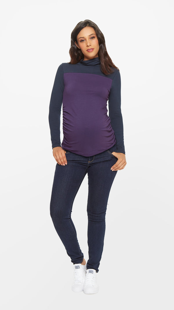 Stowaway Collection Colorblock Turtleneck Maternity Top in Plum/Navy Front