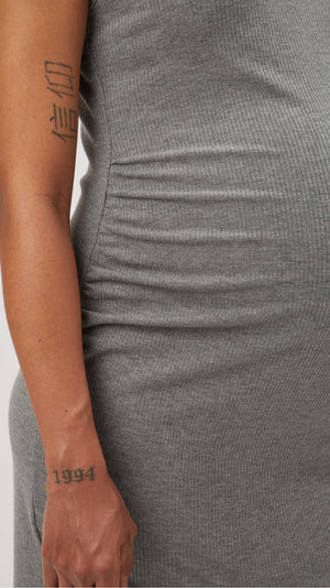 Stowaway Collection Maxi Ribbed Maternity Dress in Charcoal - close up of ruching on side