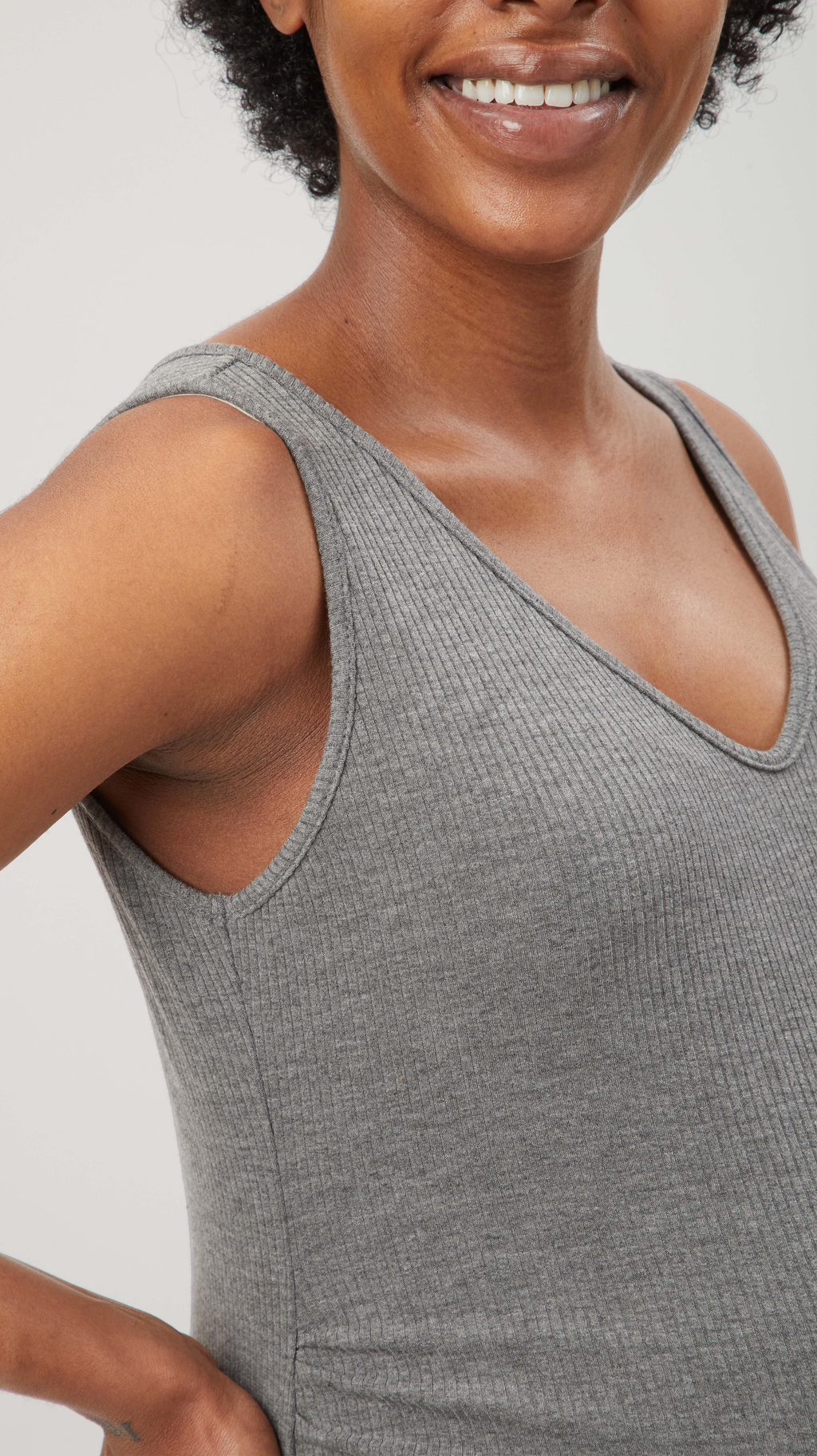 Stowaway Collection Maxi Ribbed Maternity Dress in Charcoal - close up of side neckline and ribbing