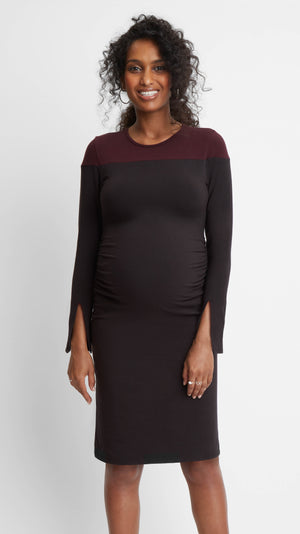 Stowaway Collection Colorblock Slit Sleeve Maternity Dress in Black/Burgundy Front