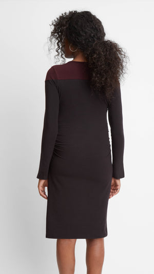 Stowaway Collection Colorblock Slit Sleeve Maternity Dress in Black/Burgundy Back