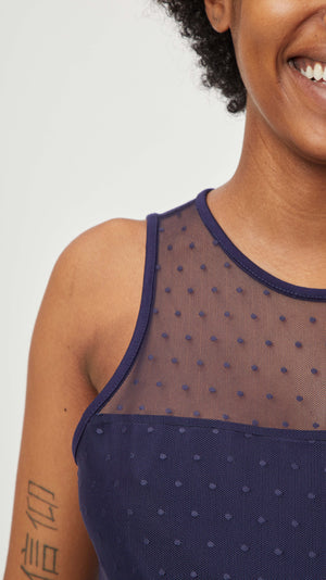 Stowaway Collection Maternity Shadow Dot Maternity Dress in Navy - mesh close up