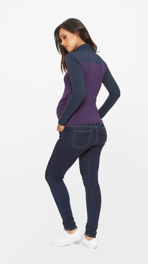 Stowaway Collection Colorblock Turtleneck Maternity Top in Plum/Navy Back