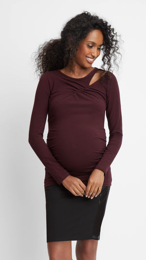 Stowaway Collection Cross Keyhole Maternity Top in Burgundy Front