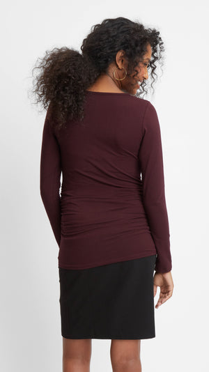 Stowaway Collection Cross Keyhole Maternity Top in Burgundy Back