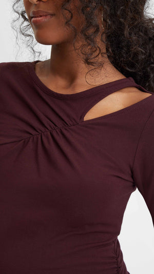 Stowaway Collection Cross Keyhole Maternity Top in Burgundy Front Cutout and Ruching Detail