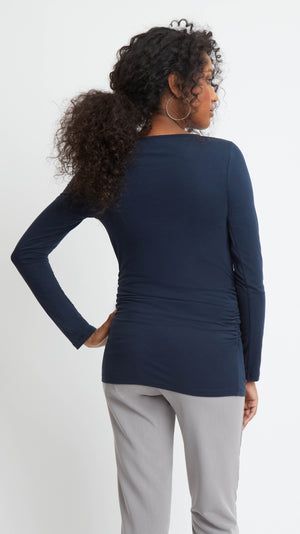 Stowaway Collection Cross Keyhole Maternity Top in Navy Back