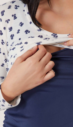 Stowaway Collection Cropped Maternity Top & Nursing Cover Shown Over Navy Tank Nursing Access