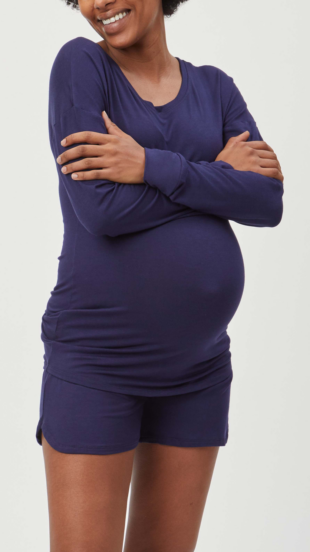 Stowaway Collection Maternity Loungewear shorts in Navy - Front View