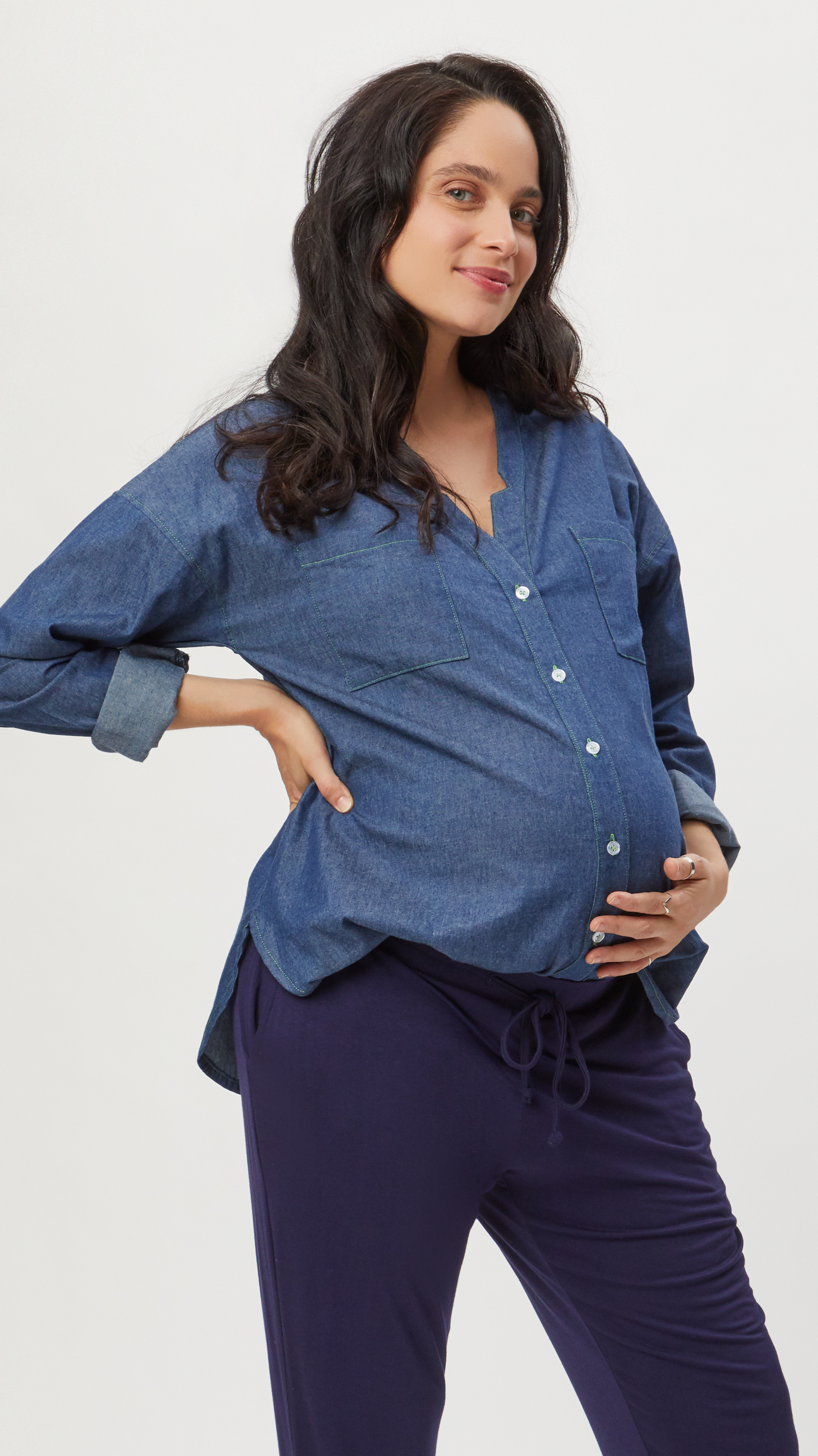 maternity dress shirts Stowaway Collection Womens Chambray Maternity Button-Down Top Blue S