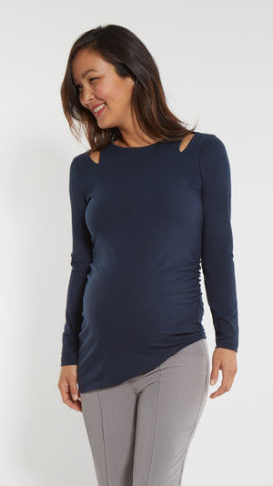 Stowaway Collection Double Keyhole Maternity Top in Navy - Front View