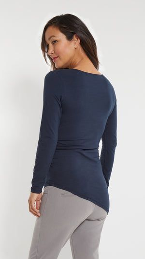 Stowaway Collection Double Keyhole Maternity Top in Navy - Back View