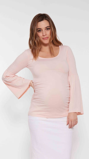 Stowaway Collection Bell Sleeve Maternity Top in Pink Front View