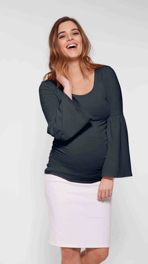 Stowaway Collection Bell Sleeve Maternity Top in Navy Front View