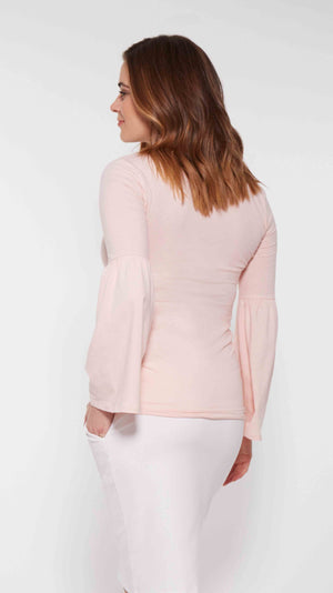 Stowaway Collection Bell Sleeve Maternity Top in Pink Back View