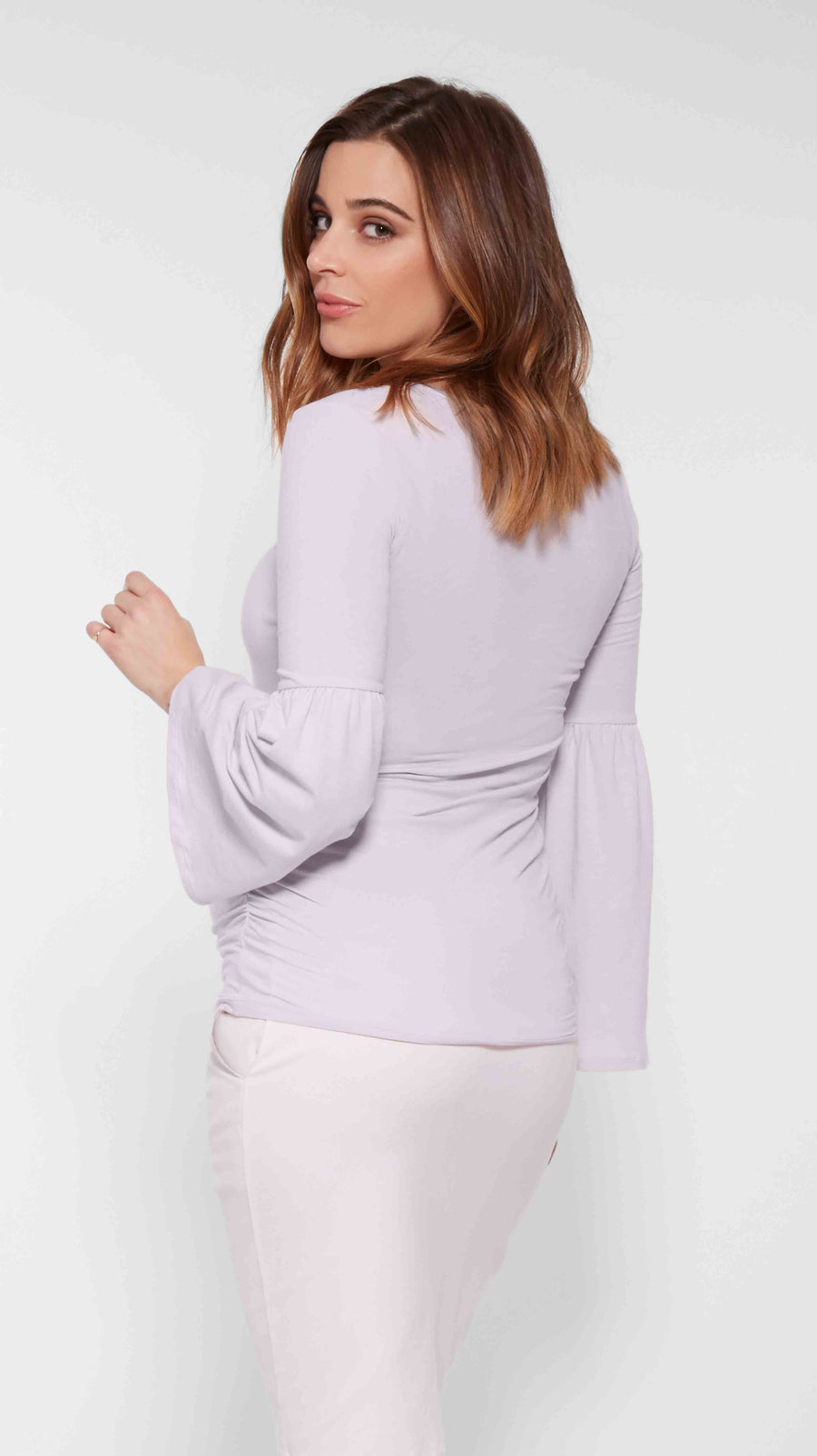 Stowaway Collection Bell Sleeve Maternity Top in Lavender Front View